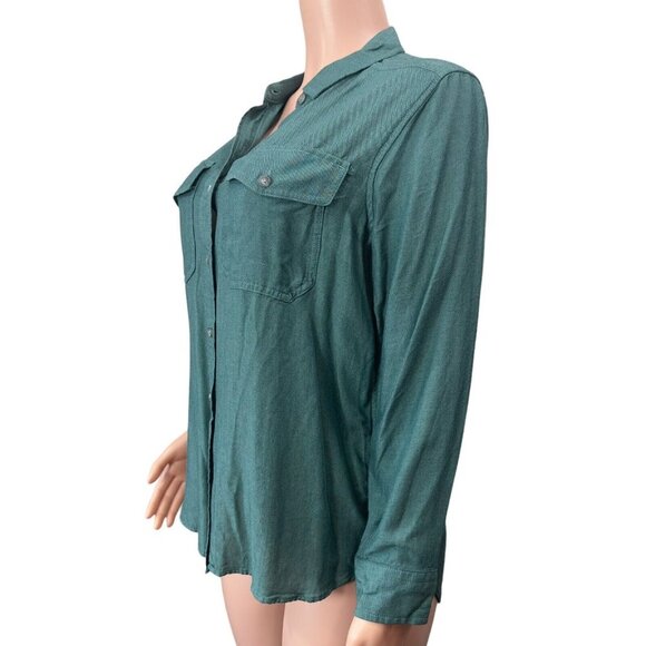 Eddie Bauer Women Petite PM Button Up Shirt Top Green Shaped Fit Business Casual - Picture 10 of 11